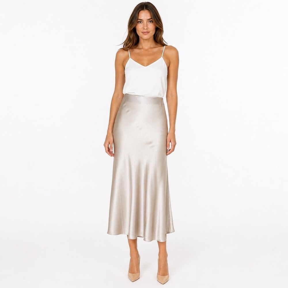 Quince Satin Midi Skirt in Light Champagne
